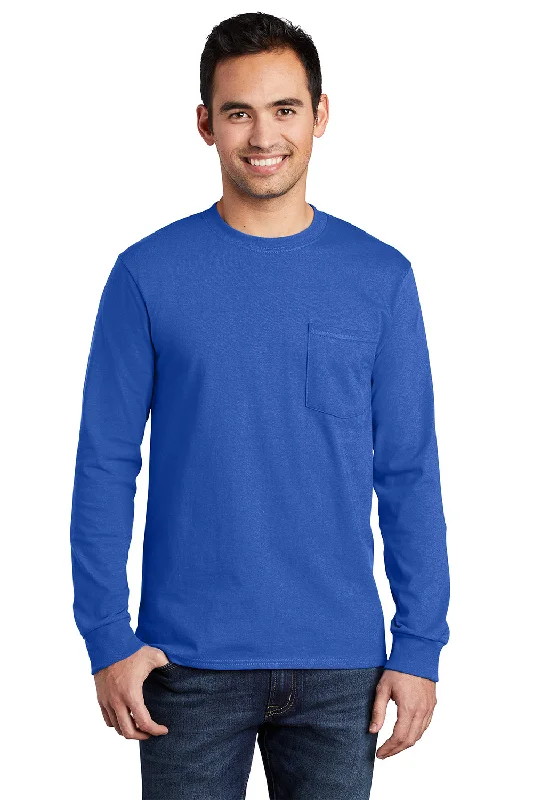 formal short sleeve shirt for men -Port & Company Mens Essential Long Sleeve Crewneck T-Shirt w/ Pocket - Royal Blue