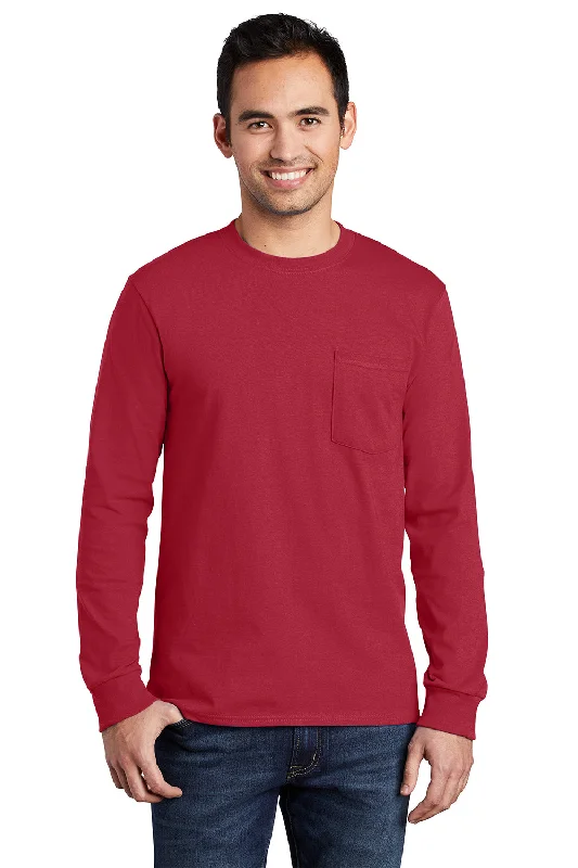 oversized short sleeve shirt for men -Port & Company Mens Essential Long Sleeve Crewneck T-Shirt w/ Pocket - Red