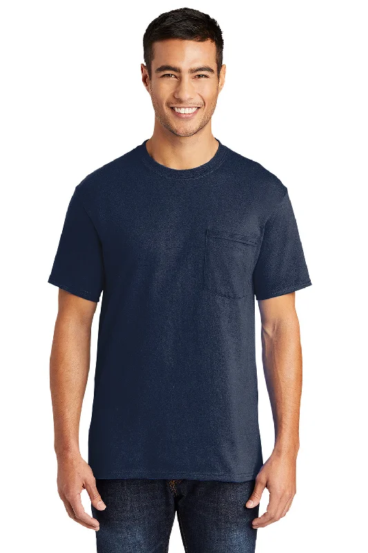 short sleeve cotton shirt for men -Port & Company Mens Core Short Sleeve Crewneck T-Shirt w/ Pocket - Navy Blue