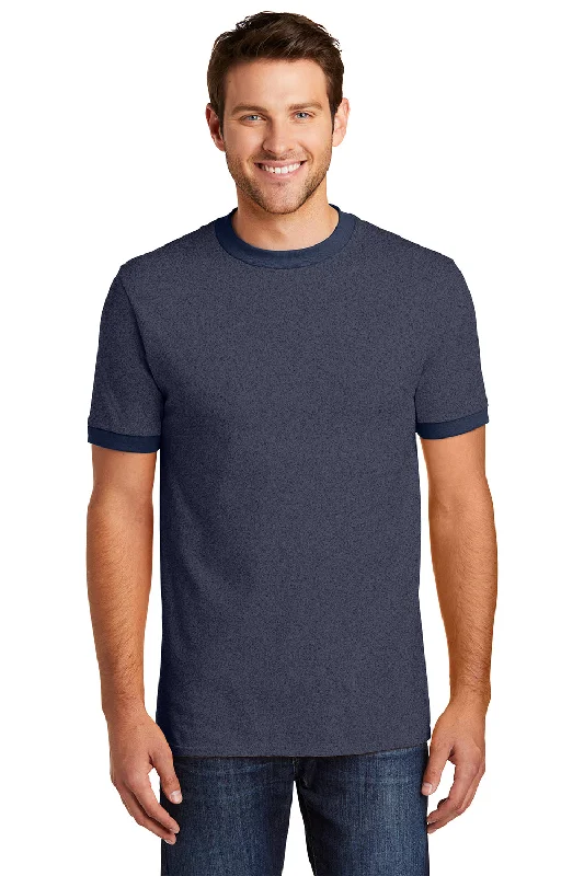 fitted short sleeve t-shirt for gym -Port & Company Mens Core Ringer Short Sleeve Crewneck T-Shirt - Heather Navy Blue/Navy Blue - Closeout