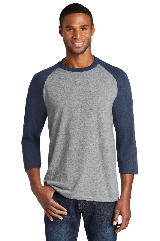 short sleeve sportswear t-shirt -Port & Company Mens Core Moisture Wicking 3/4 Sleeve Crewneck T-Shirt - Heather Grey/Navy Blue