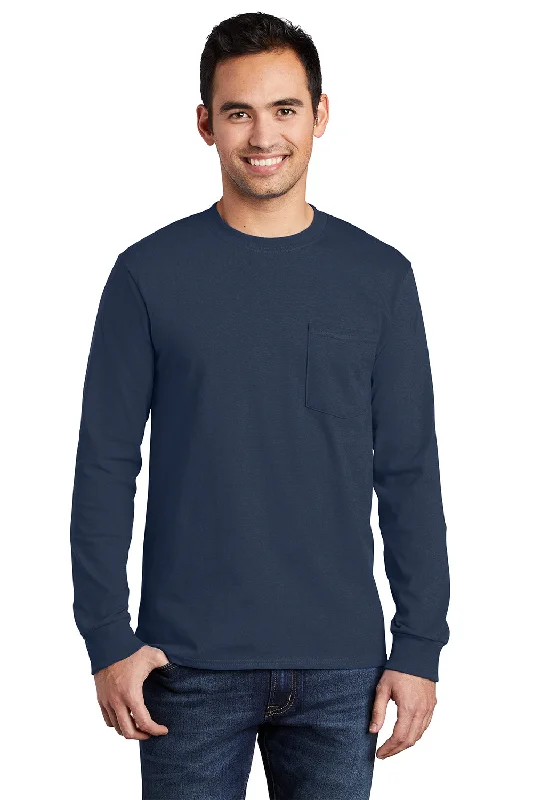 moisture-wicking short sleeve t-shirt for gym -Port & Company Mens Essential Long Sleeve Crewneck T-Shirt w/ Pocket - Navy Blue