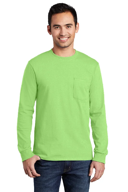 comfortable short sleeve shirt -Port & Company Mens Essential Long Sleeve Crewneck T-Shirt w/ Pocket - Lime Green