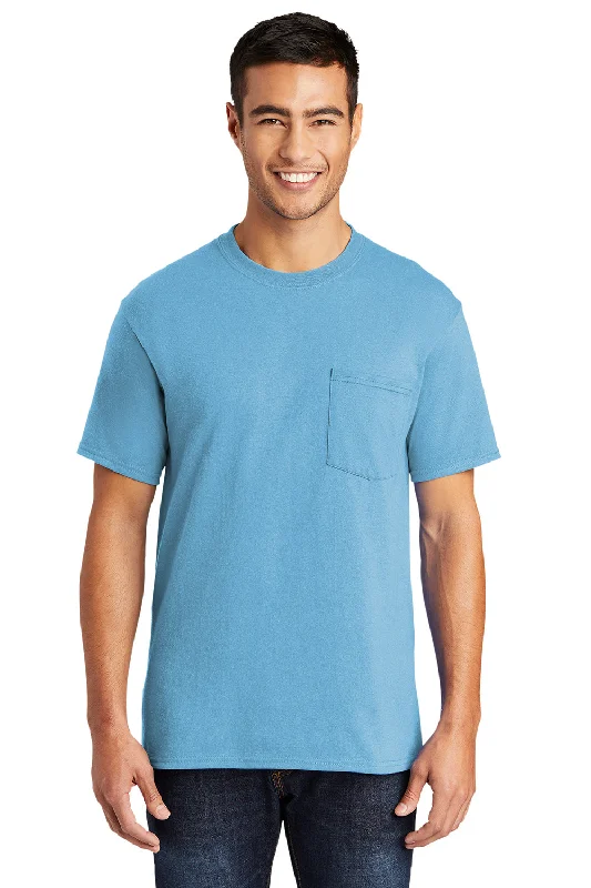 short sleeve printed shirt for men -Port & Company Mens Core Short Sleeve Crewneck T-Shirt w/ Pocket - Aquatic Blue