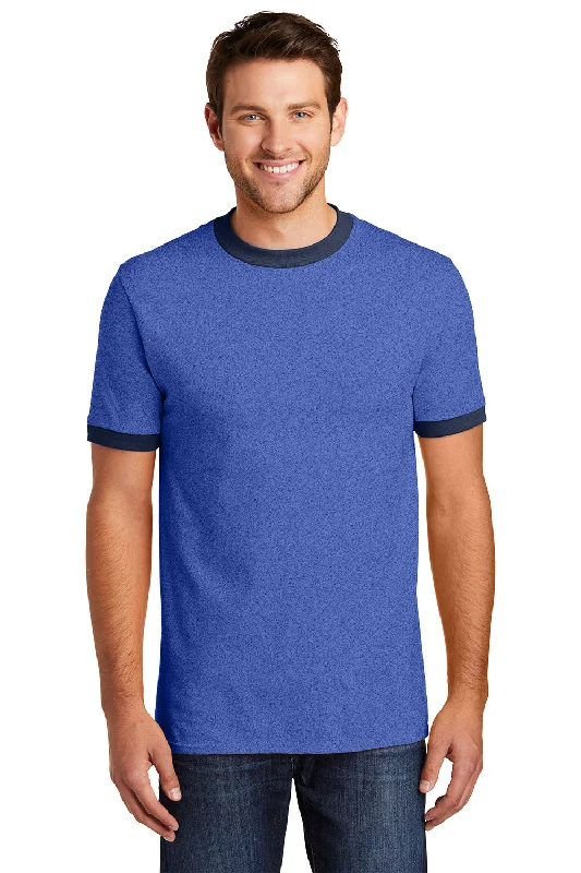 breathable fabric short sleeve t-shirt -Port & Company Mens Core Ringer Short Sleeve Crewneck T-Shirt - Heather Royal Blue/Navy Blue