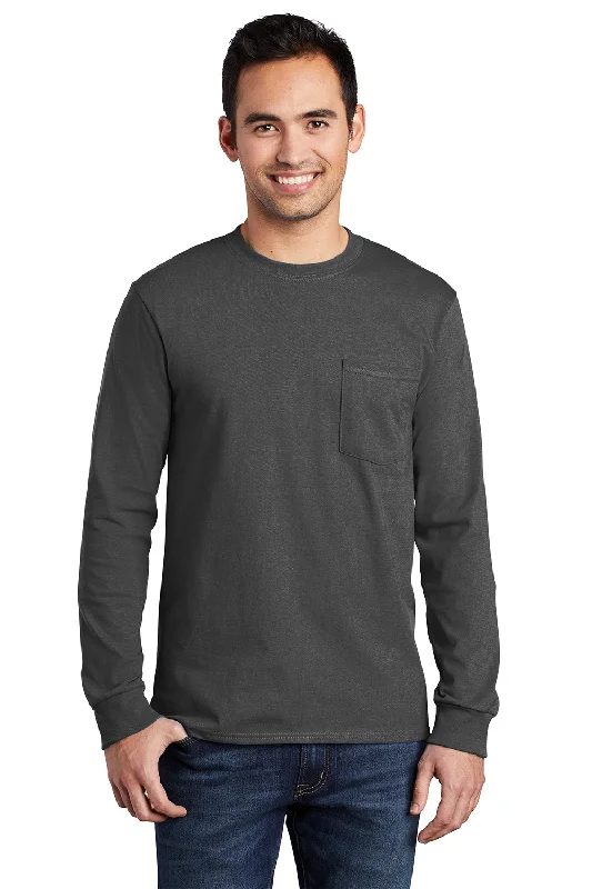 short sleeve t-shirt for beach -Port & Company Mens Essential Long Sleeve Crewneck T-Shirt w/ Pocket - Charcoal Grey