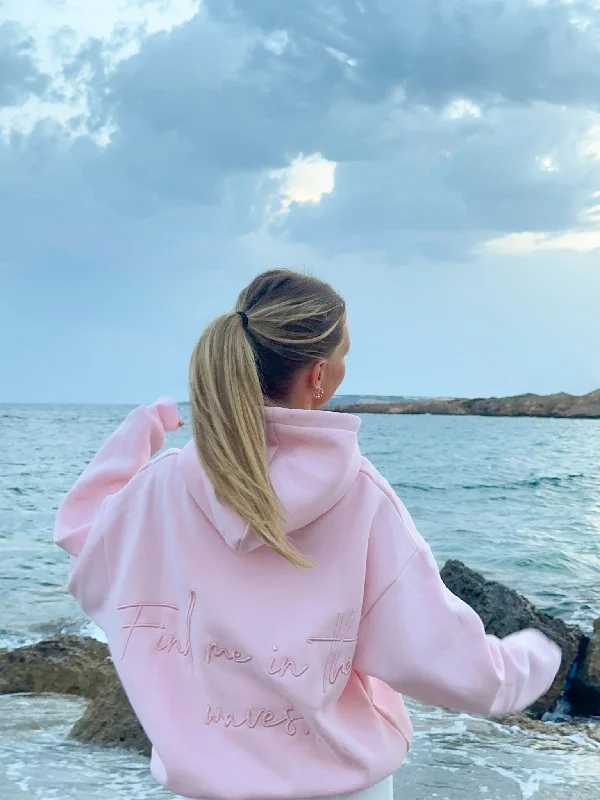 hoodie for fitness enthusiasts -"Find me in the waves." Hoodie (Pink)