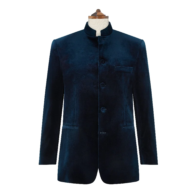 men’s multi-pocket jacket-Darley French Navy Nehru Velvet Jacket