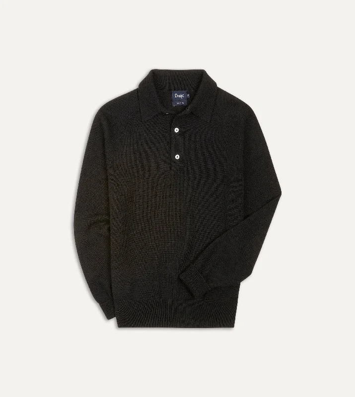 hoodie for casual street looks -Black Merino Wool Knitted Polo