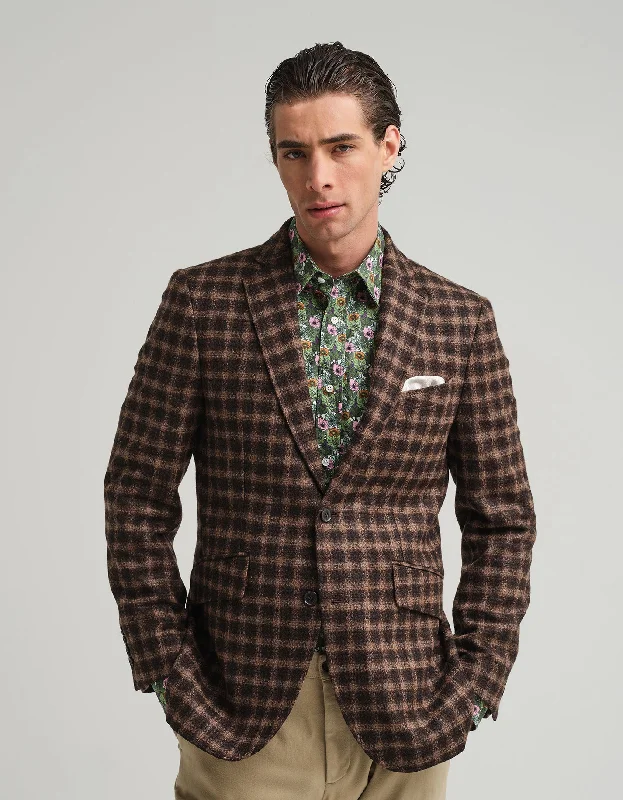 men’s softshell jacket-Brown & Black Gingham Jacket