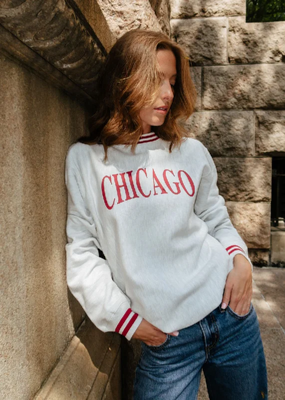 hoodie with large graphic logo -Chicago Champion Striped Rib Crewneck - Cardinal