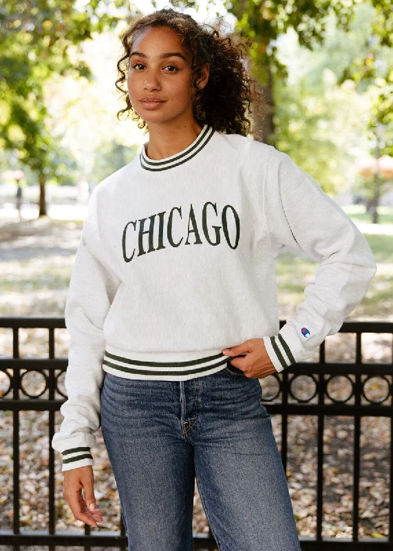 hoodie with tech-inspired features -Chicago Champion Striped Rib Crewneck - Green