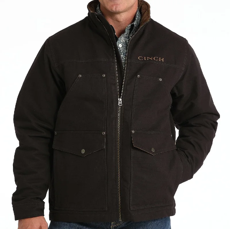 winter jacket with high collar-Cinch Men's Logo Concealed Carry Canvas Jacket in Brown