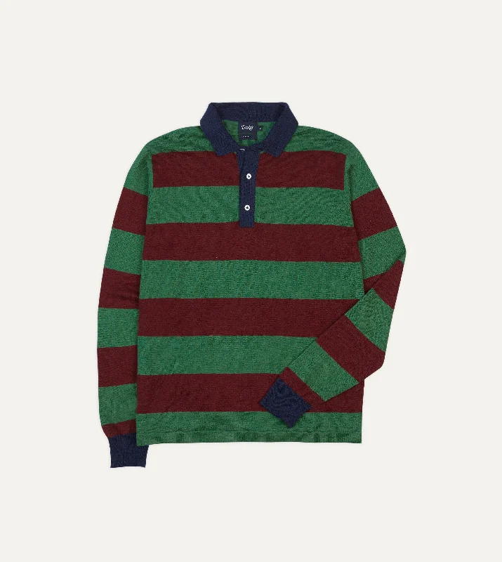 hoodie with statement zippers -Green and Red Linen Cotton Knitted Rugby Shirt