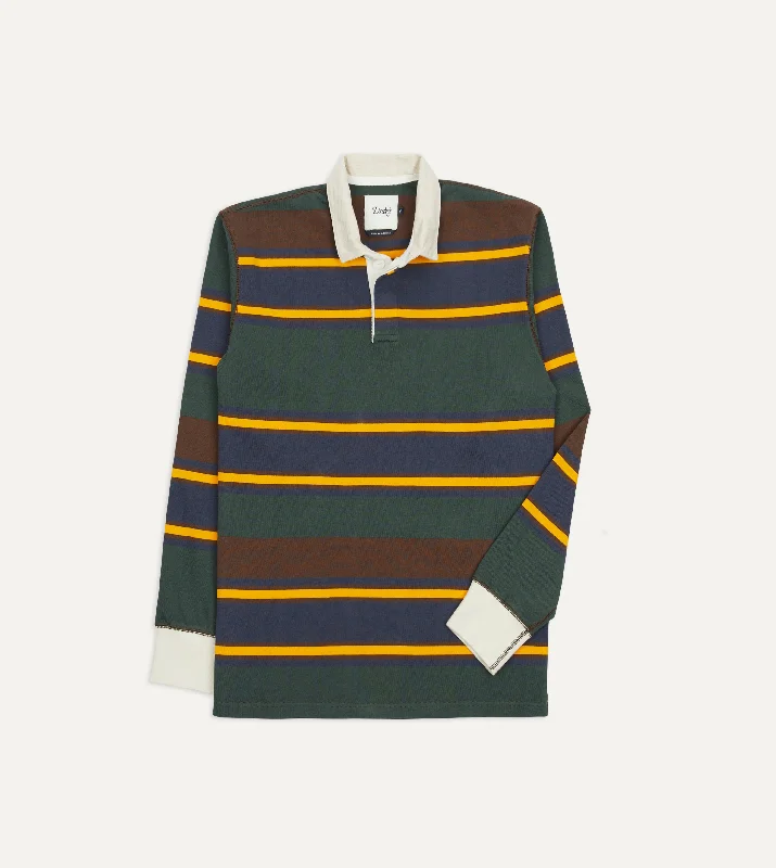 hoodie with warm tones -Green, Navy and Gold Stripe Cotton Rugby Shirt