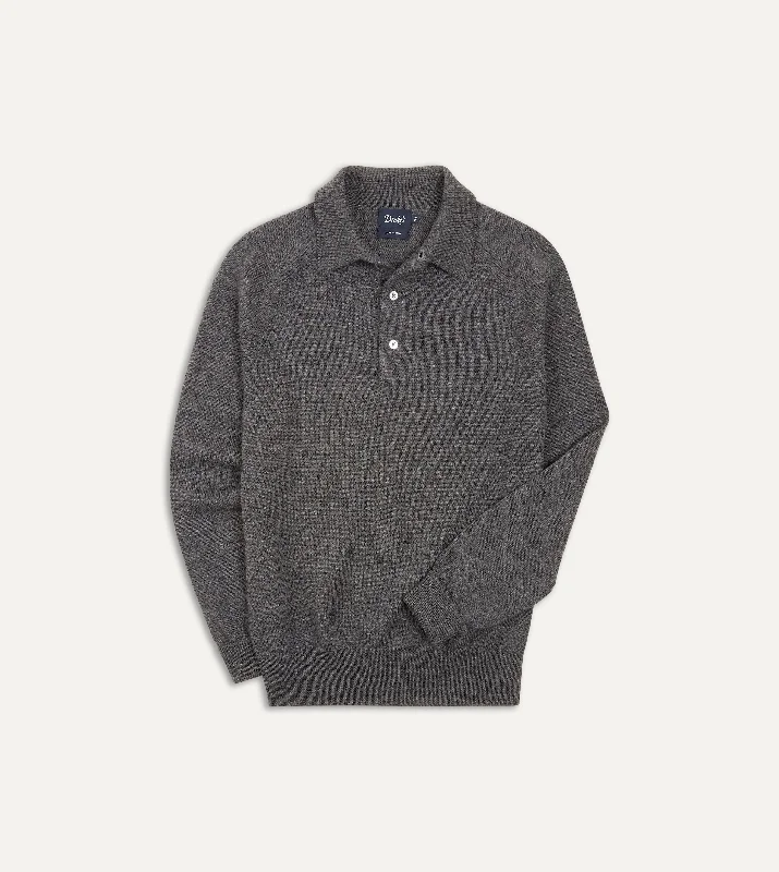 hoodie with simple, elegant design -Grey Merino Wool Knitted Polo