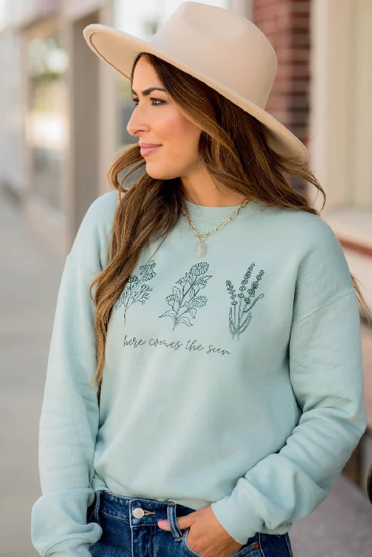 hoodie with statement zippers -Here Comes The Sun Floral Graphic Crewneck