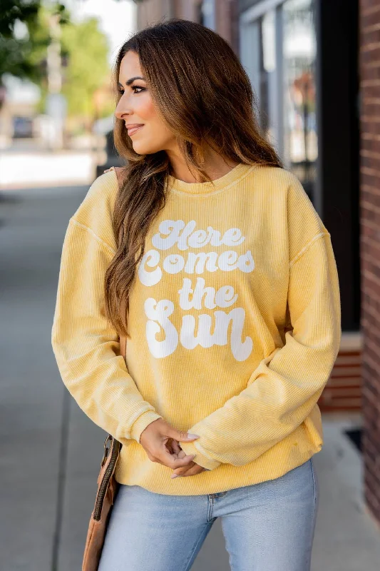 hoodie with durable fabric -Here Comes The Sun Ribbed Graphic Crewneck