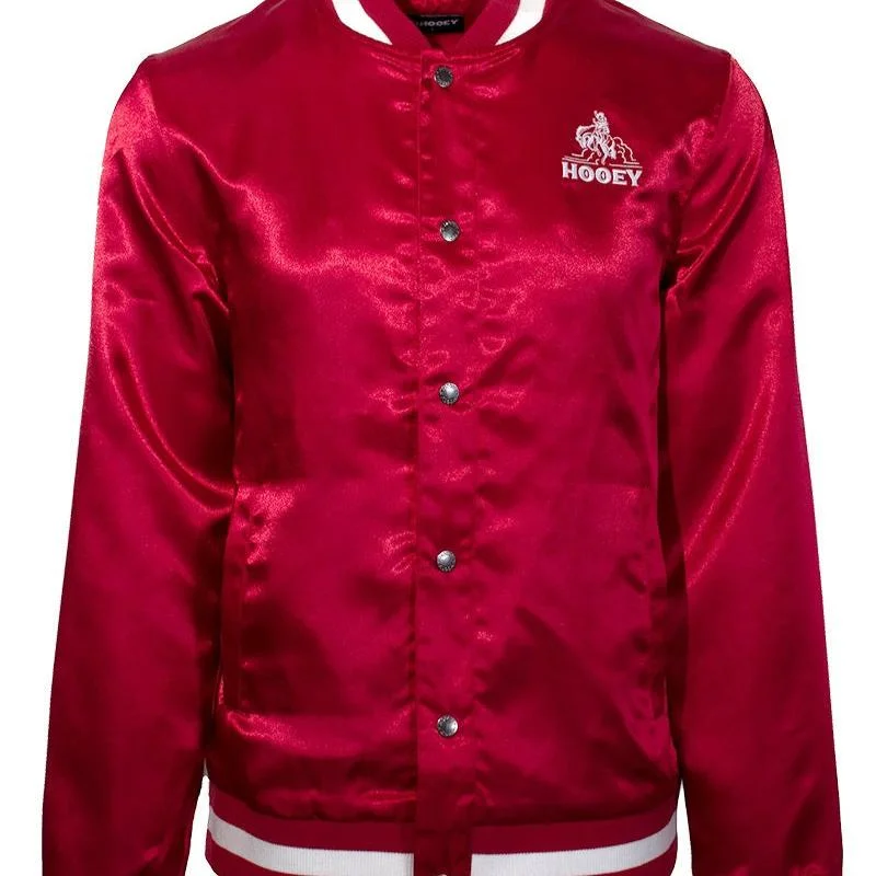 slim fit winter jacket-Hooey Men's Branded Satin Bomber Jacket in Red & White