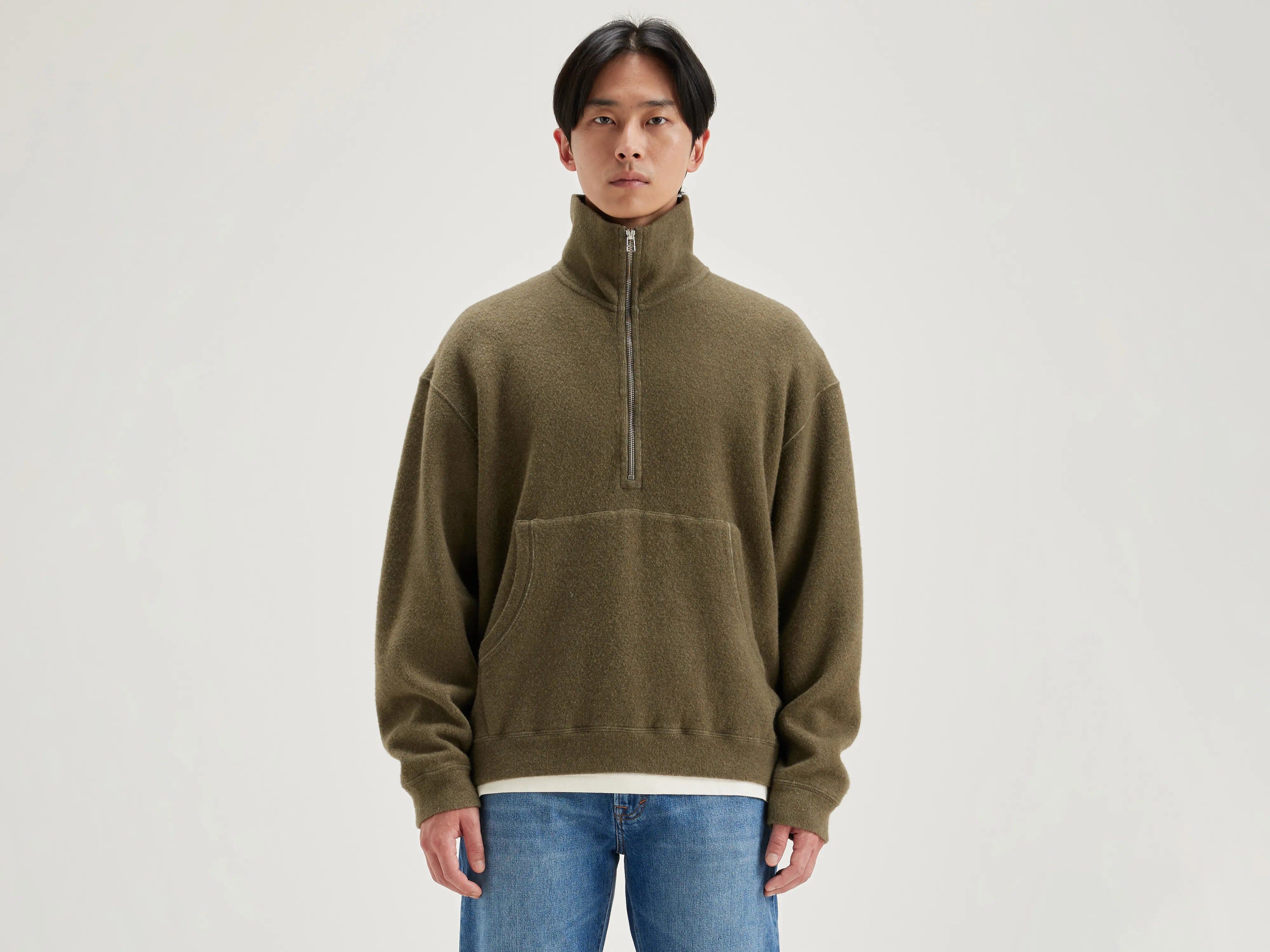 hoodie for relaxed mornings -Mabro zipped-collar sweatshirt (242 / M / MILITARY)