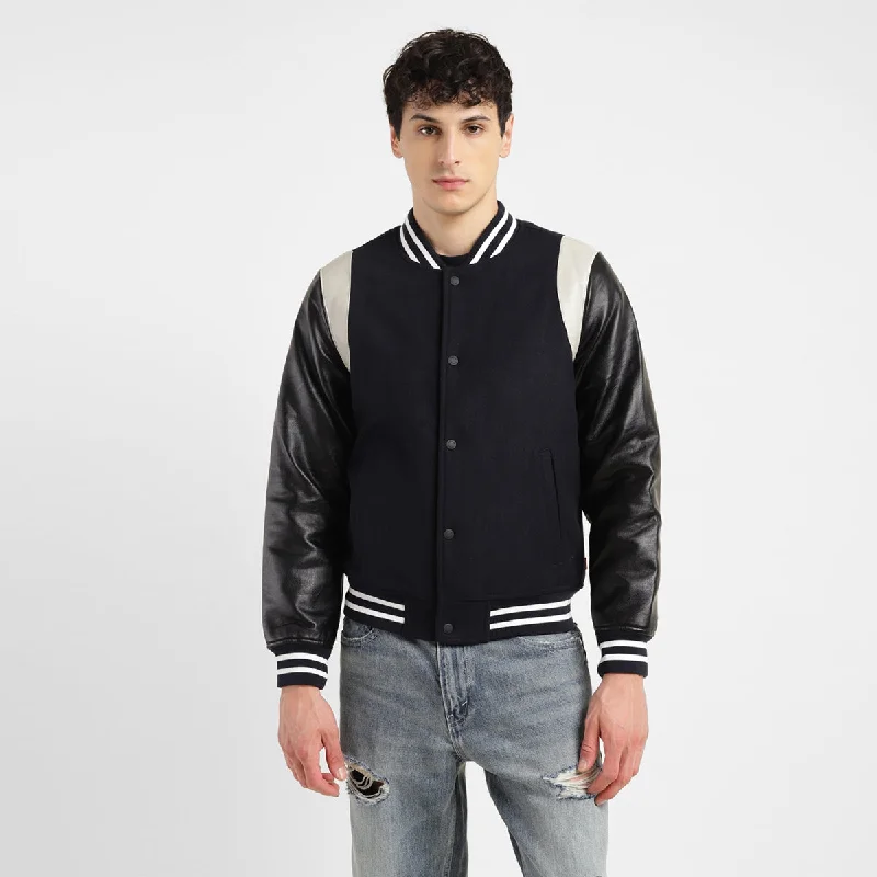 warm winter jacket for men-Men's Colorblock Navy Mandarin Collar Varsity Jacket