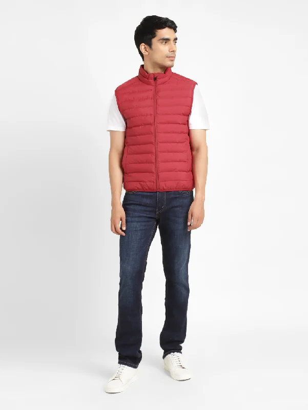 women’s long sleeve jacket-Men's Solid Red Sleeveless Quilted Jacket