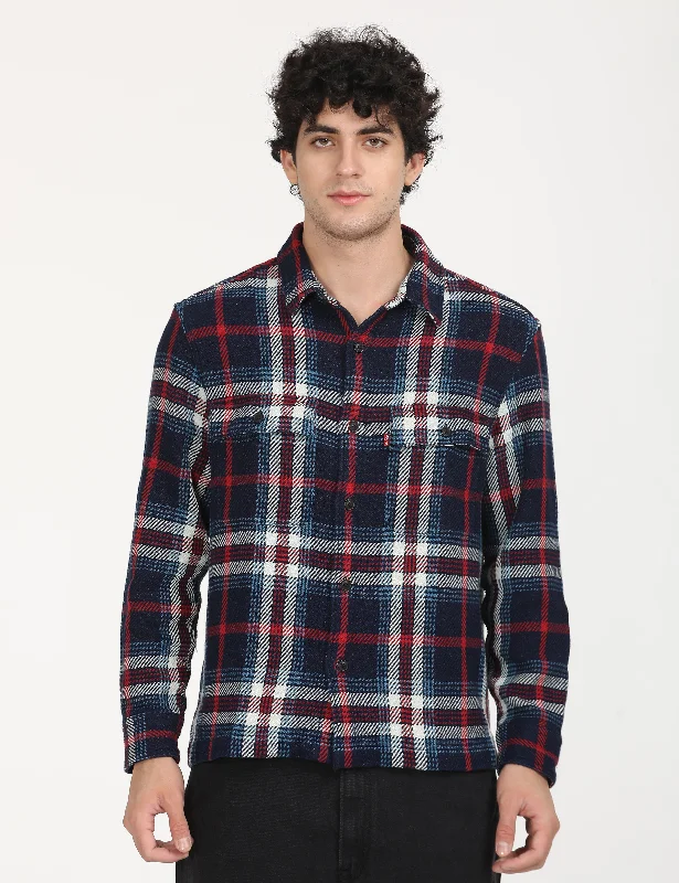 casual outerwear jacket-Men's Plaid Navy Spread Collar Shacket