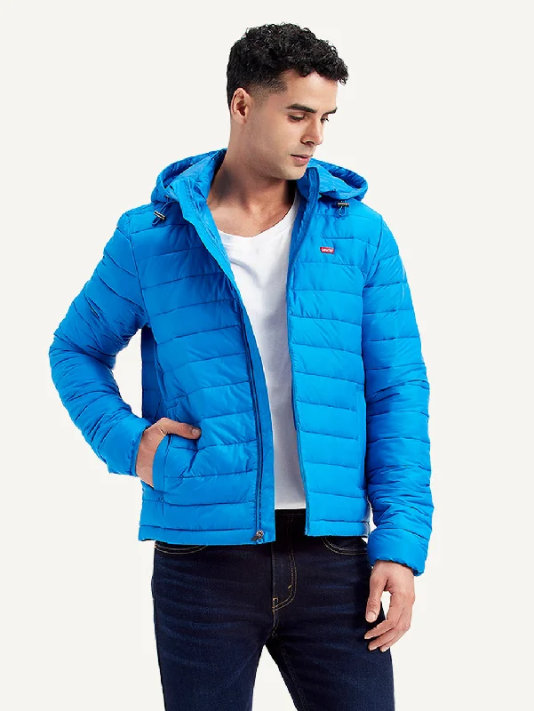 men’s waterproof parka-Men's Quilted Blue Hooded Puffer Jacket