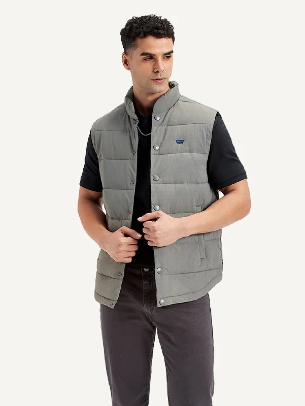 jacket with faux fur hood-Men's Quilted Grey High Neck Puffer Jacket