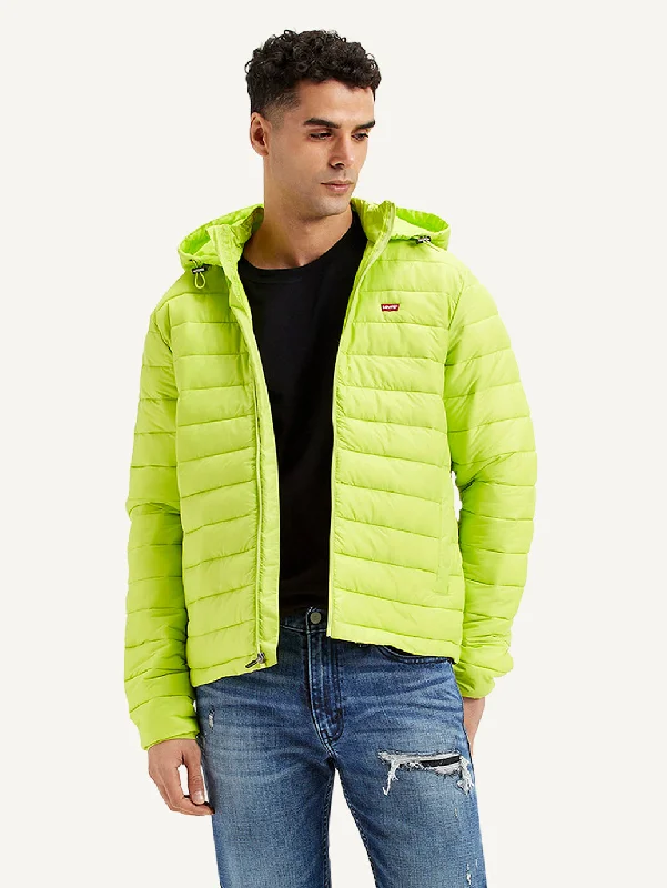 insulated windproof jacket-Men's Quilted Lime-Green Hooded Puffer Jacket