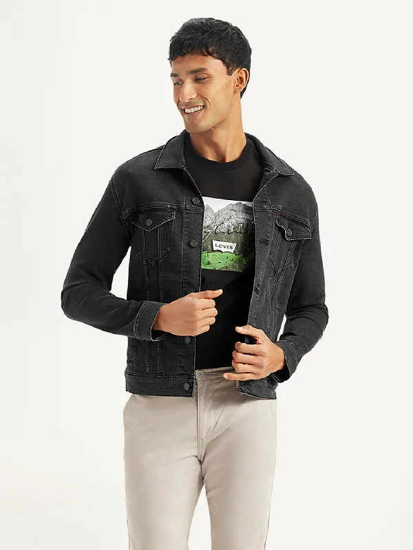 outdoor jacket for fall weather-Men's Solid Black Spread Collar Trucker Jacket