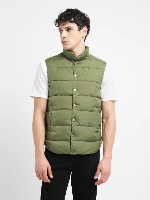 stylish casual jacket-Men's Solid Green Band Neck Quilted Jacket