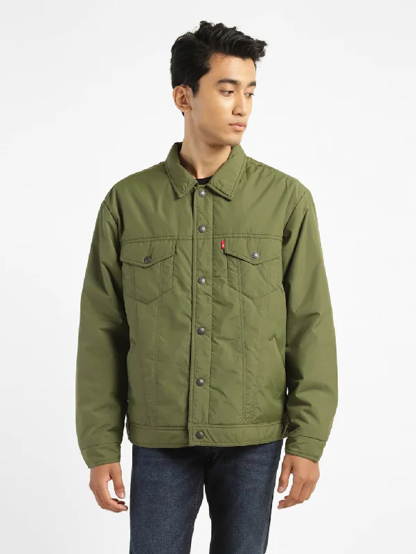 sporty athletic jacket-Men's Solid Green Collar Neck Padded Jacket