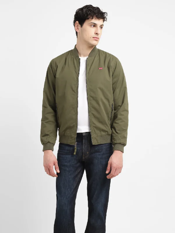 fleece jacket with zipper-Men's Solid Green Collar Neck Bomber Jacket