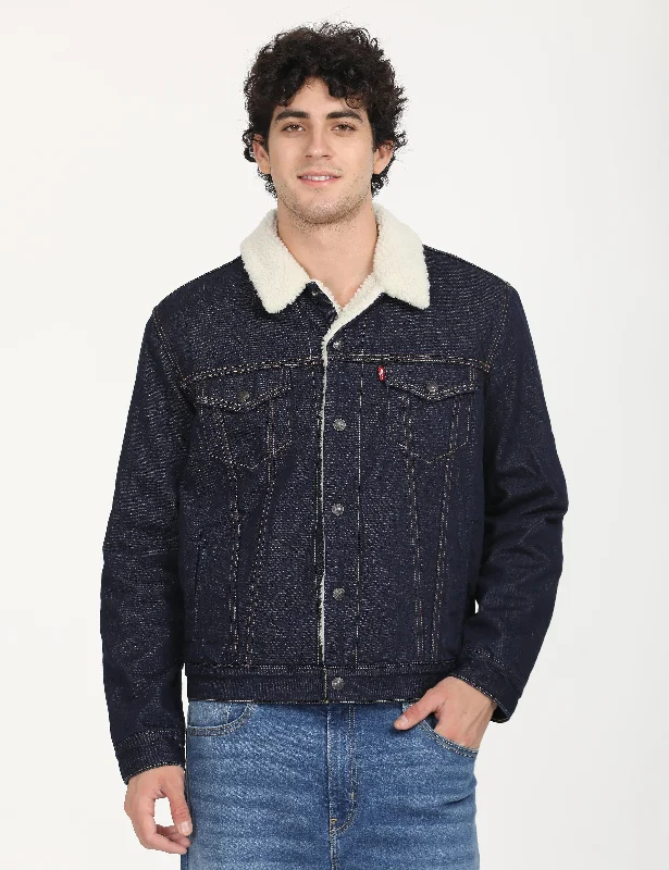 men’s soft fleece jacket-Men's Solid Navy Spread Collar Denim Jacket