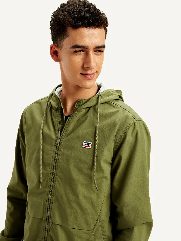 slim fit winter jacket-Men's Solid Olive Hooded Tailored Jacket