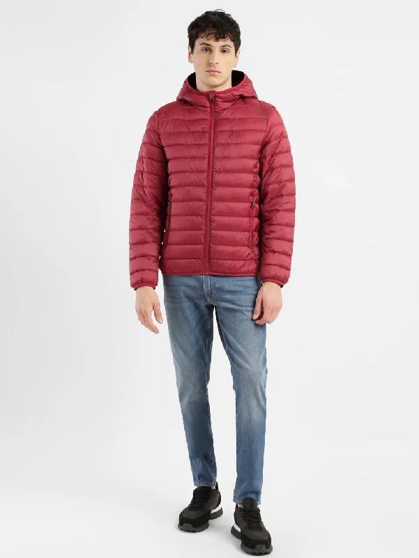 sporty jacket for running-Men's Solid Red Hooded Quilted Jacket