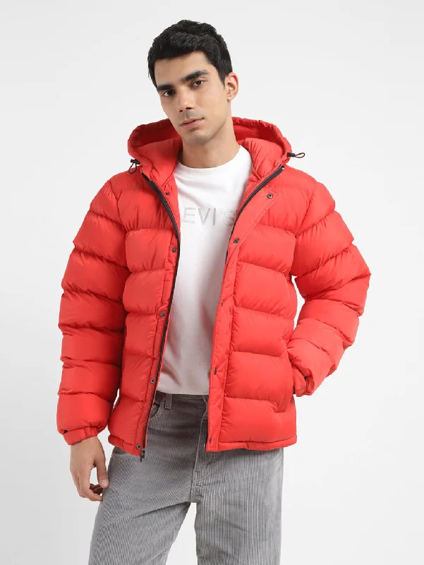 trench coat for men’s winter-Men's Solid Red Hooded Quilted Jacket