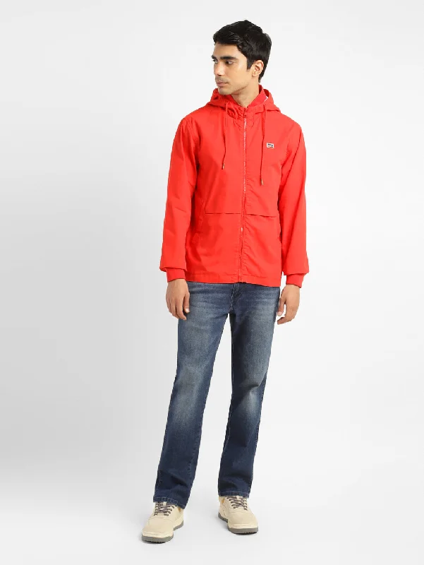 men’s quilted jacket-Men's Solid Red Hooded Tailored Jacket