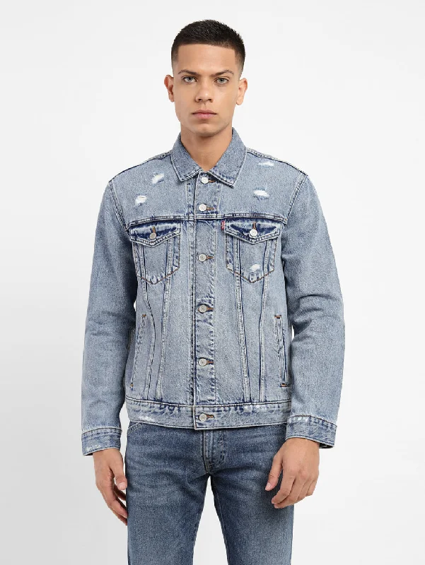 men’s fleece-lined coat-Men's Solid Spread Collar Denim Jacket