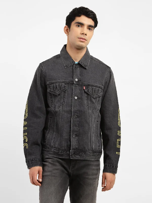 lightweight fleece jacket-Men's Printed Spread Collar Denim Jacket