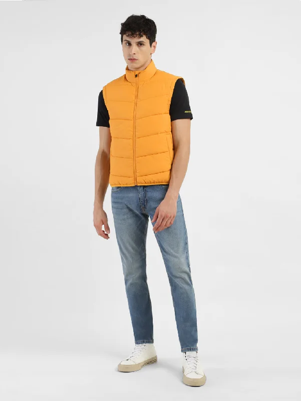 long sleeve jacket for fall-Men's Yellow High Neck Puffer Jackets