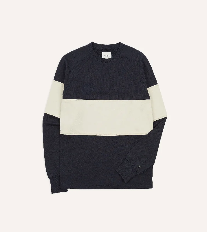 hoodie for warm autumn days -Navy and Ecru Panel Stripe Heavy Cotton Crew Neck Hiking T-Shirt