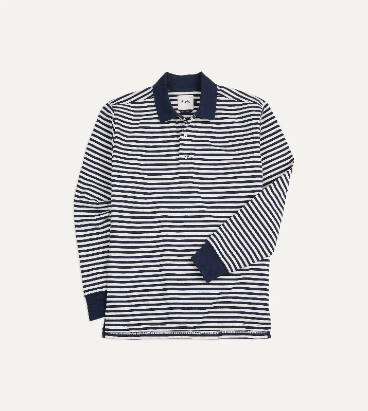 hoodie with vibrant designs -Navy and Ecru Stripe Knitted Jersey Cotton Long-Sleeve Polo Shirt