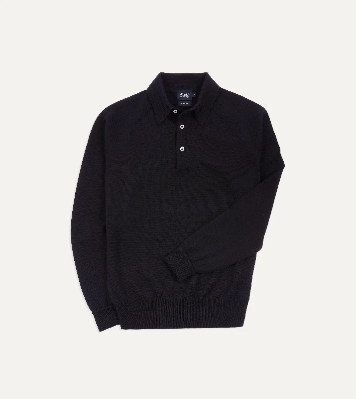 hoodie with reflective accents -Navy Merino Wool Knitted Polo