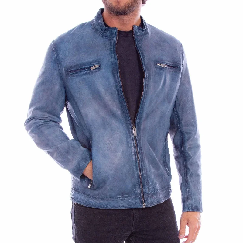 men’s soft fleece jacket-Scully Men's Front Zip Leather Jacket in Denim Blue