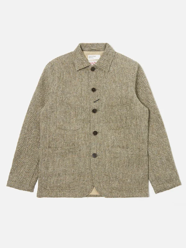 long jacket for cold weather-Universal Works Harris Tweed Bakers Jacket in Olive