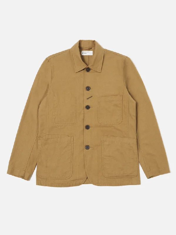 waterproof jacket for women-Universal Works Moleskin Bakers Jacket in Sand