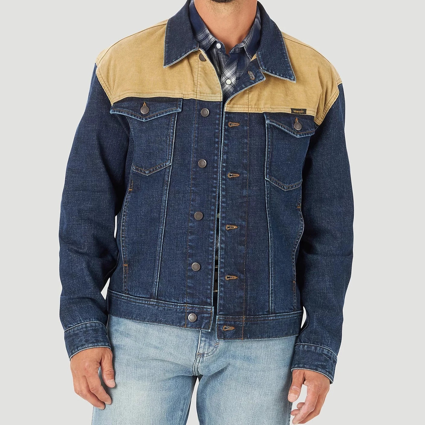 men’s leather jacket-Wrangler Men's Contrast Corduroy Yoke Unlined Denim Jacket-Tigers Eye