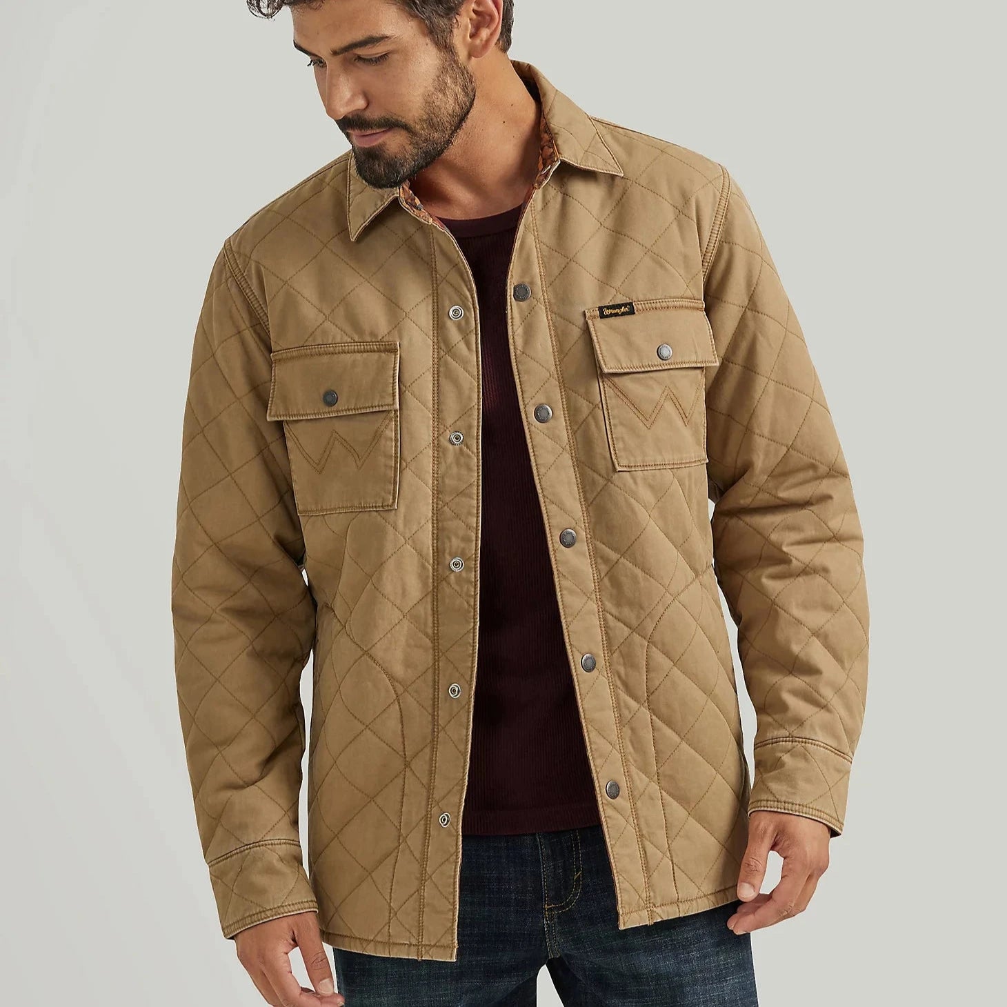 stylish coat jacket for women-Wrangler Men's Reversible Quilted Shirt Jacket in Clay